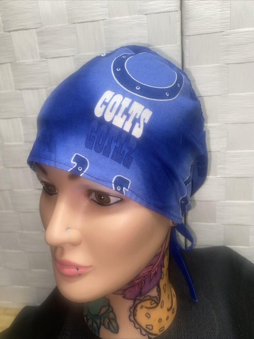 Handmade NFL Indianapolis Colts Surgical Scrub Hats - Skull Do-Rag Blue Logo